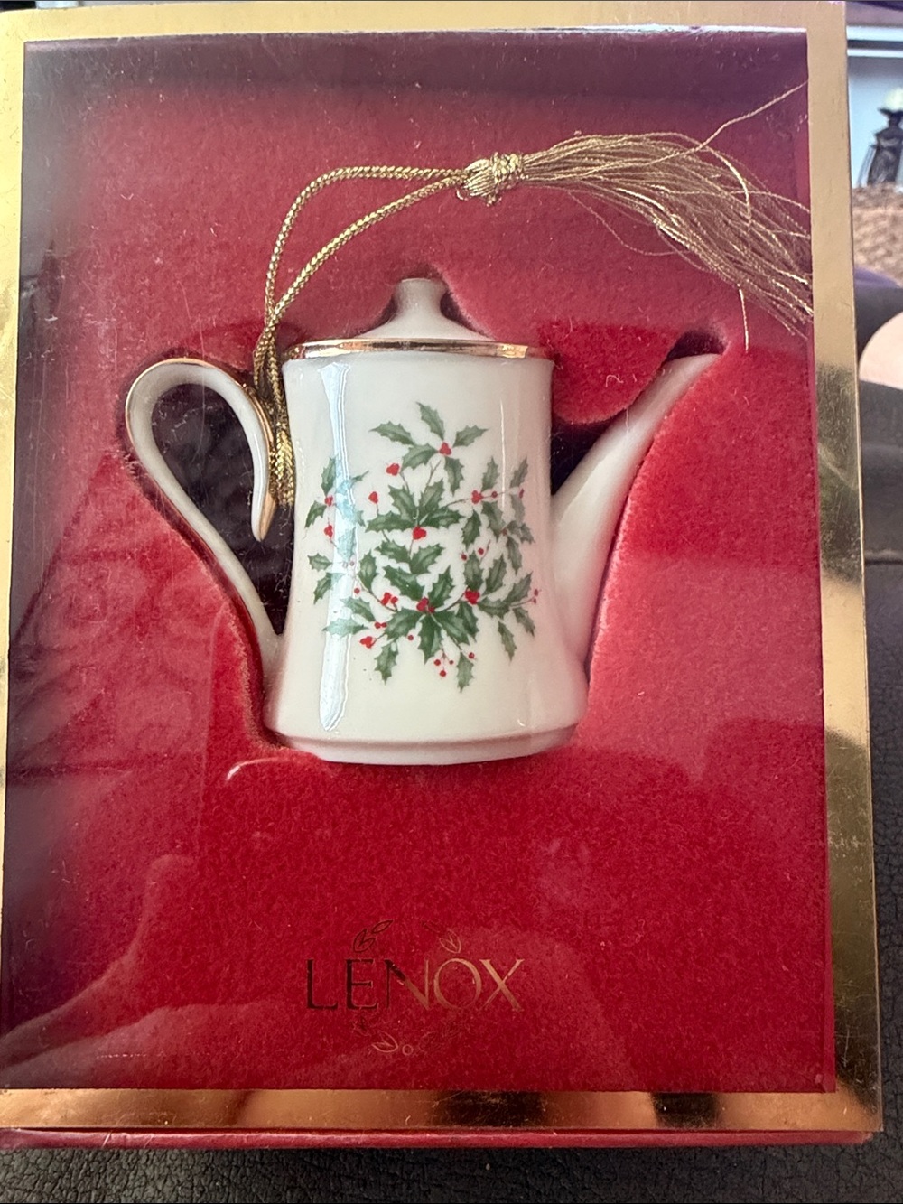Lenox White Teapot Ornament with Green Holly and Red Berries